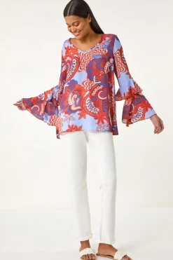 Roman Rust Paisley Print Flared Sleeve Top