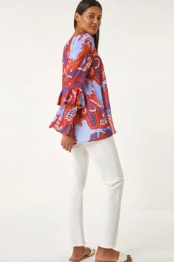 Roman Rust Paisley Print Flared Sleeve Top