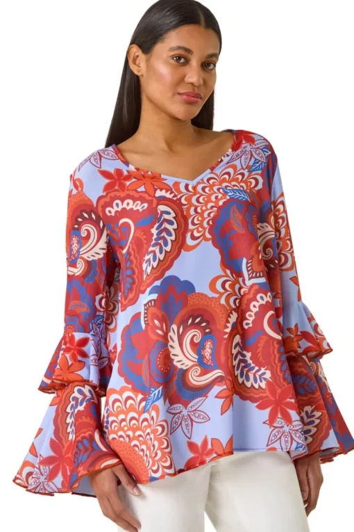Roman Rust Paisley Print Flared Sleeve Top