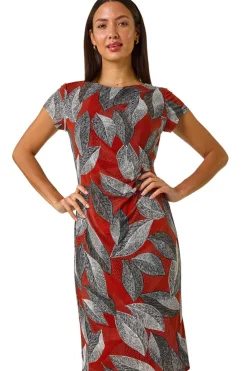 Roman Rust Stretch Leaf Print Gathered Shift Dress