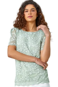 Roman Sage Floral Stretch Lace Top
