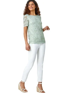 Roman Sage Floral Stretch Lace Top
