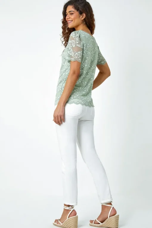 Roman Sage Floral Stretch Lace Top