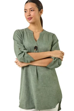 Roman Sage Longline V Neck Button Tunic Top