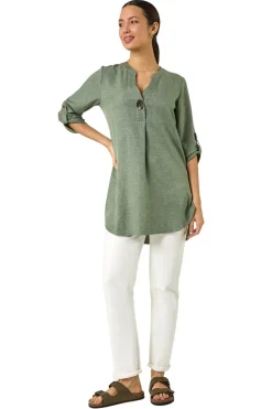 Roman Sage Longline V Neck Button Tunic Top