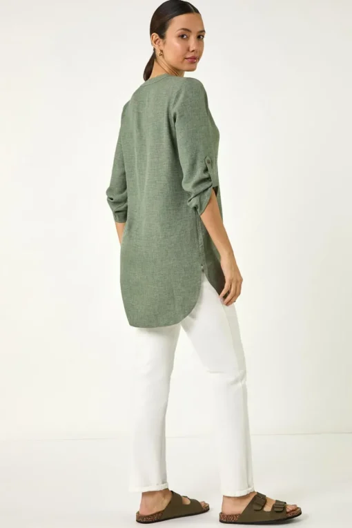 Roman Sage Longline V Neck Button Tunic Top