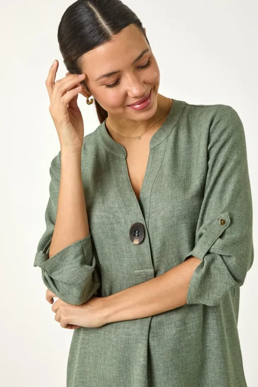 Roman Sage Longline V Neck Button Tunic Top