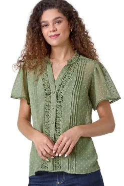 Roman Sage Textured Spot Lace Trim Blouse