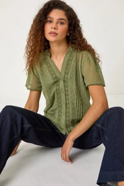 Roman Sage Textured Spot Lace Trim Blouse