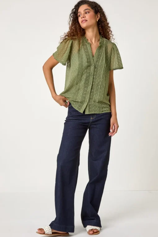 Roman Sage Textured Spot Lace Trim Blouse