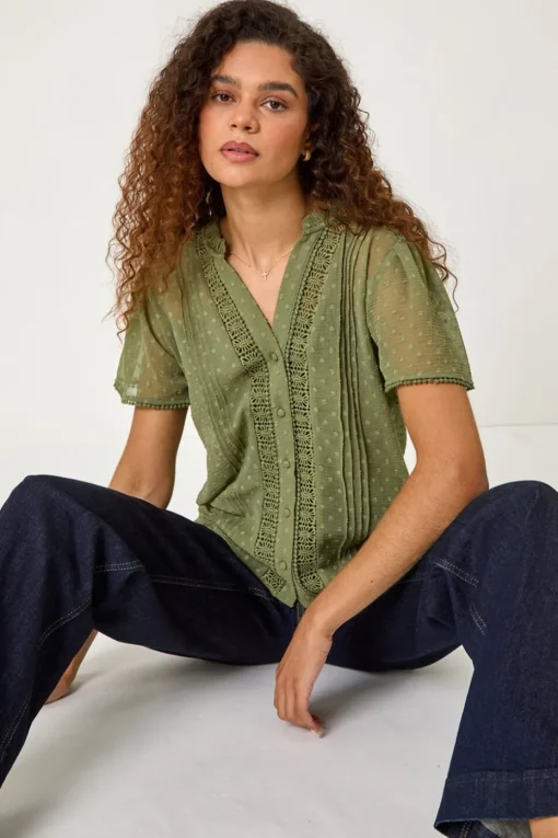 Roman Sage Textured Spot Lace Trim Blouse