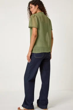 Roman Sage Textured Spot Lace Trim Blouse