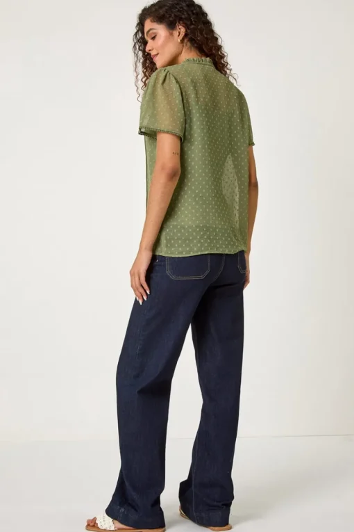 Roman Sage Textured Spot Lace Trim Blouse