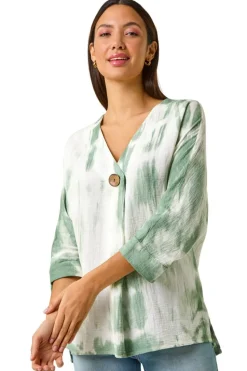 Roman Sage Tie Dye Print V Neck Tunic Top