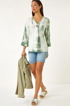 Roman Sage Tie Dye Print V Neck Tunic Top
