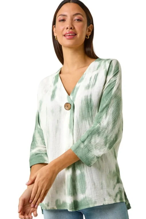 Roman Sage Tie Dye Print V Neck Tunic Top
