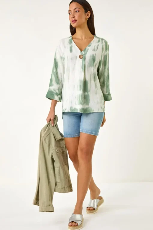 Roman Sage Tie Dye Print V Neck Tunic Top