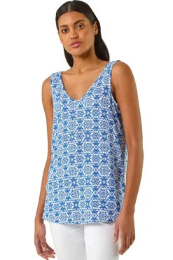 Roman Sky Blue Tile Print Cami Stretch Top