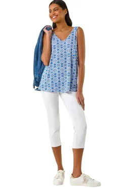 Roman Sky Blue Tile Print Cami Stretch Top