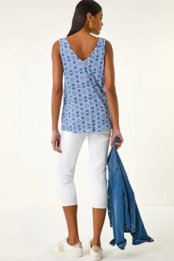 Roman Sky Blue Tile Print Cami Stretch Top