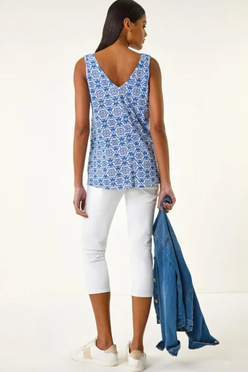 Roman Sky Blue Tile Print Cami Stretch Top