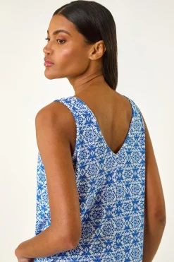 Roman Sky Blue Tile Print Cami Stretch Top