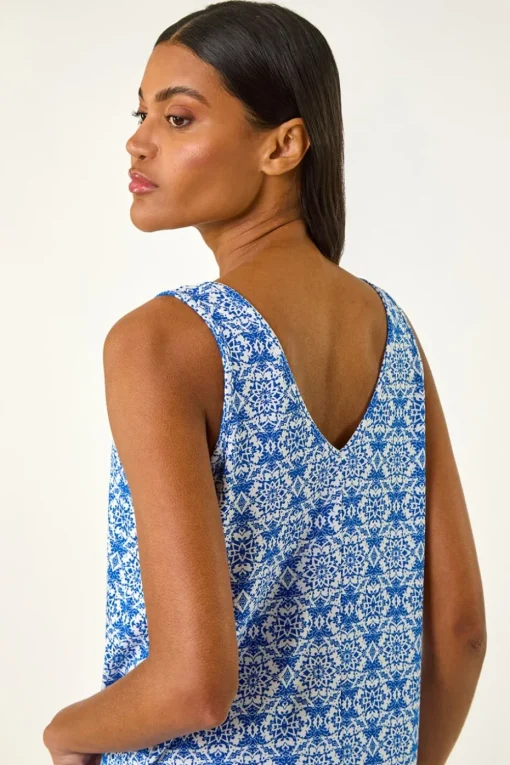 Roman Sky Blue Tile Print Cami Stretch Top
