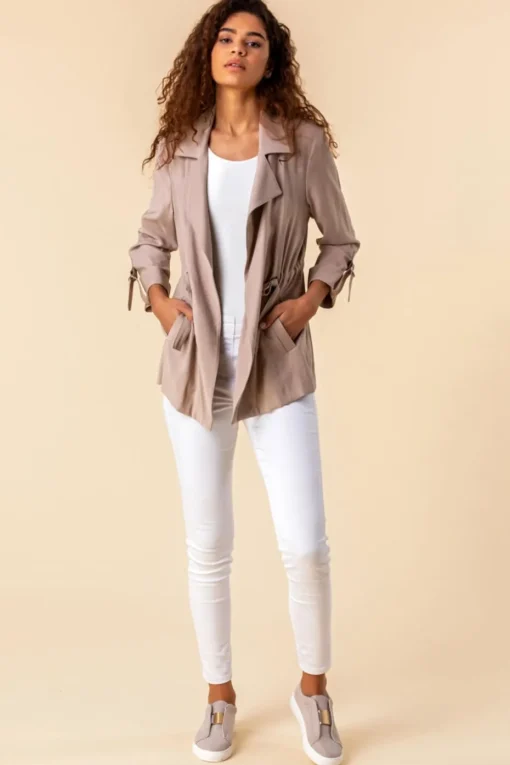 Roman Stone 3/4 Sleeve Tie Waist Longline Jacket