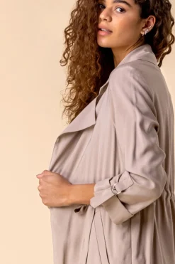 Roman Stone 3/4 Sleeve Tie Waist Longline Jacket