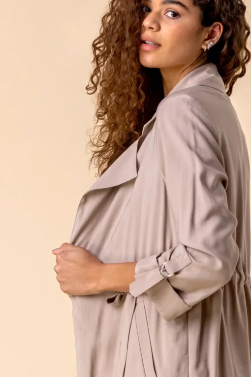 Roman Stone 3/4 Sleeve Tie Waist Longline Jacket