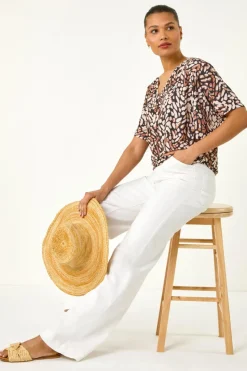 Roman Tan Abstract Print V-Neck Stretch Top