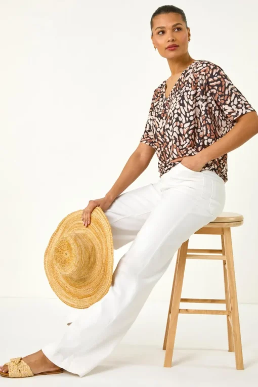 Roman Tan Abstract Print V-Neck Stretch Top