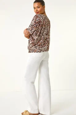 Roman Tan Abstract Print V-Neck Stretch Top