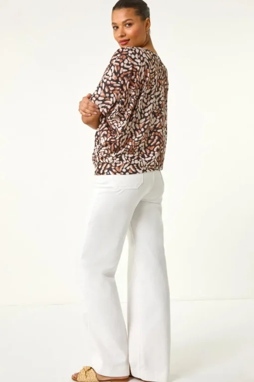 Roman Tan Abstract Print V-Neck Stretch Top