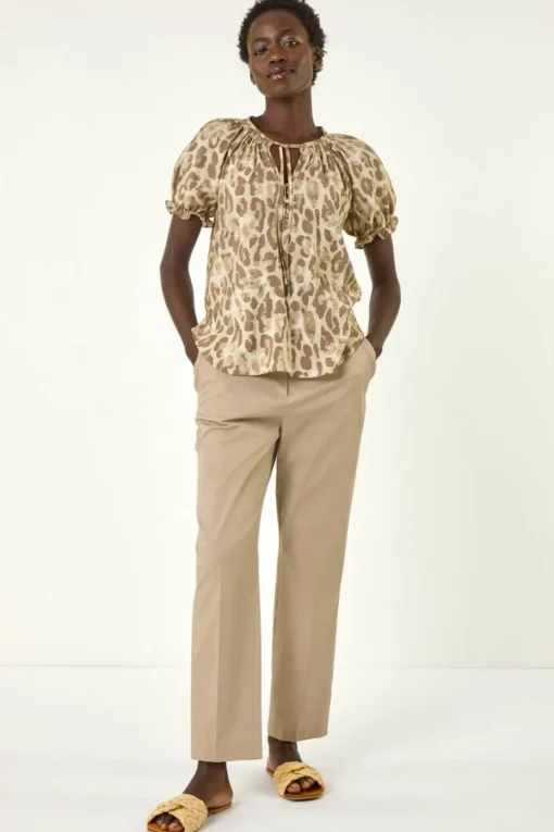 Roman Taupe Animal Print Tie Neck Top