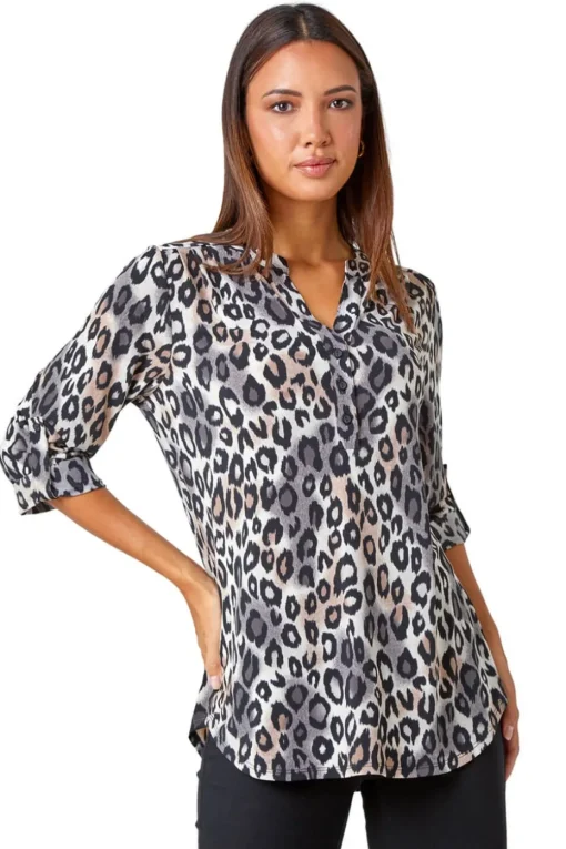 Roman Taupe Animal Print Stretch Blouse
