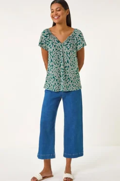 Roman Teal Textured Leaf Print Stretch Top
