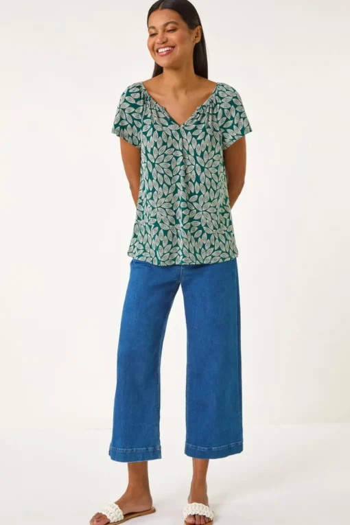 Roman Teal Textured Leaf Print Stretch Top