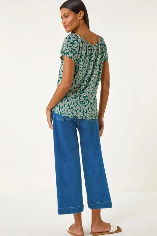 Roman Teal Textured Leaf Print Stretch Top