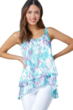 Roman Turquoise Animal Print Shimmer Detail  V-Neck Vest Top