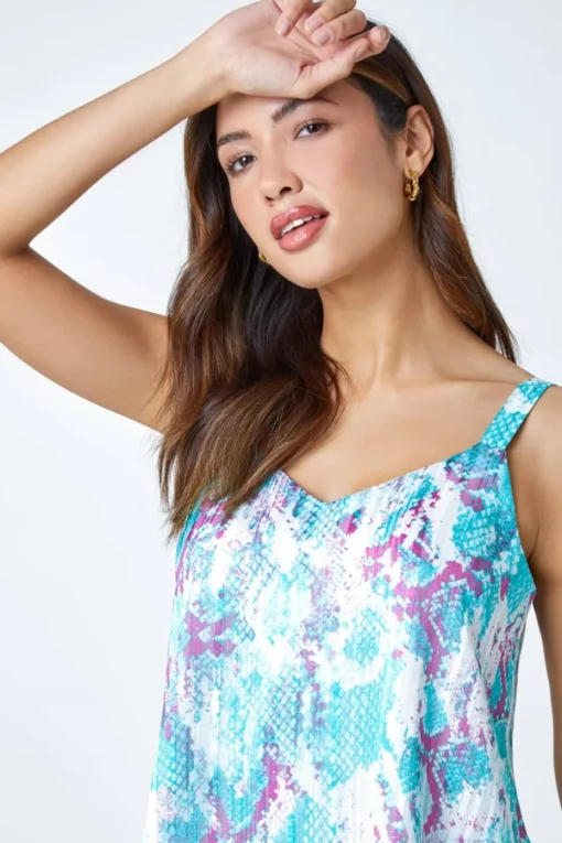 Roman Turquoise Animal Print Shimmer Detail  V-Neck Vest Top