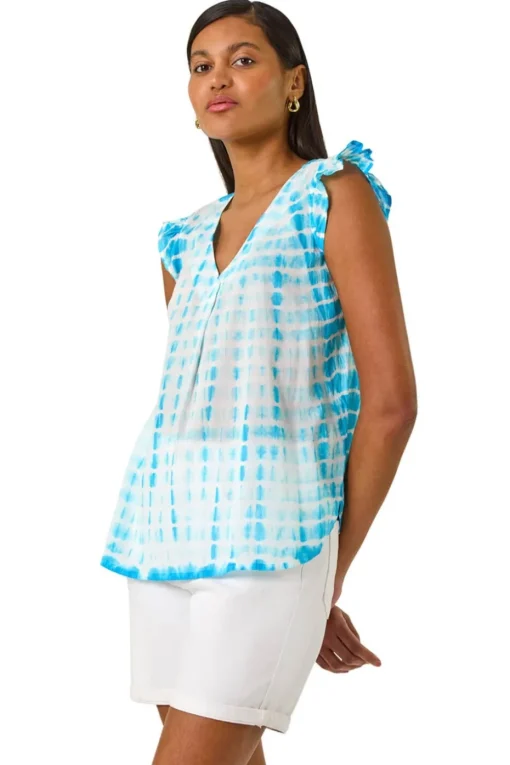 Roman Turquoise Pleated Tie Dye Frill Top