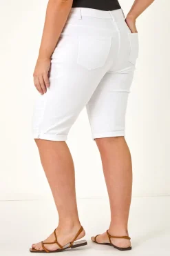 Roman White Curve Stretch Knee Length Denim Shorts