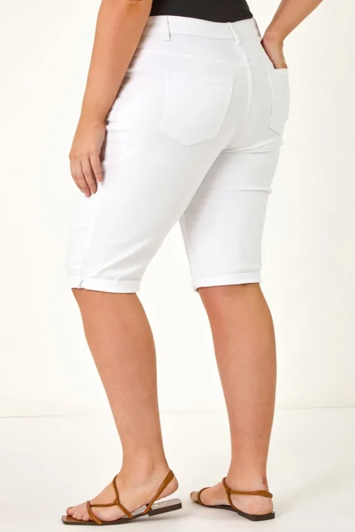 Roman White Curve Stretch Knee Length Denim Shorts