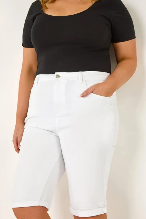 Roman White Curve Stretch Knee Length Denim Shorts