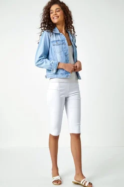 Roman White Elastic Waist Knee Length Stretch Shorts