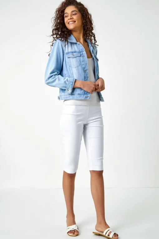 Roman White Elastic Waist Knee Length Stretch Shorts