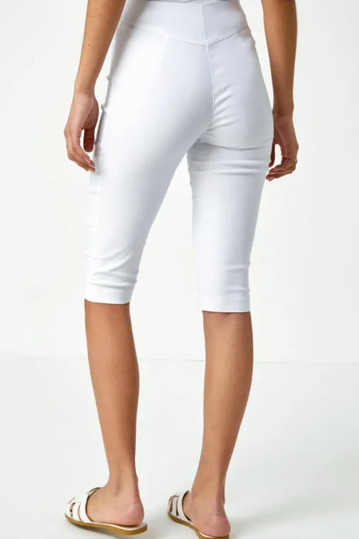 Roman White Elastic Waist Knee Length Stretch Shorts