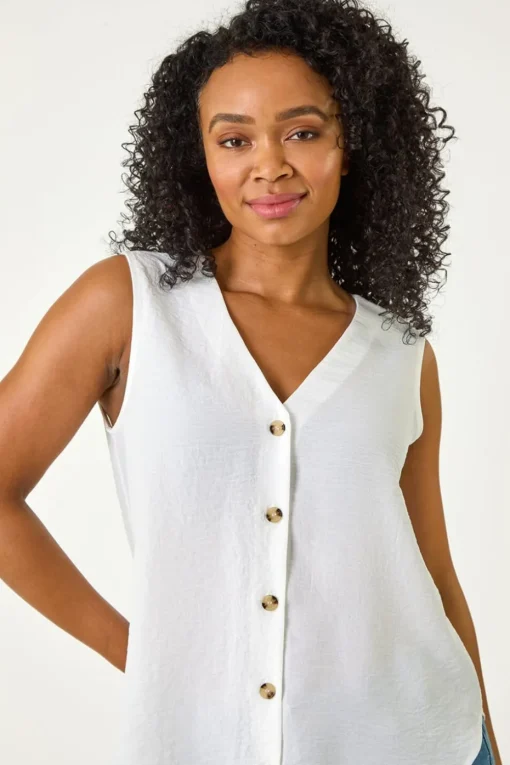 Roman White Petite V Neck Front Button Blouse