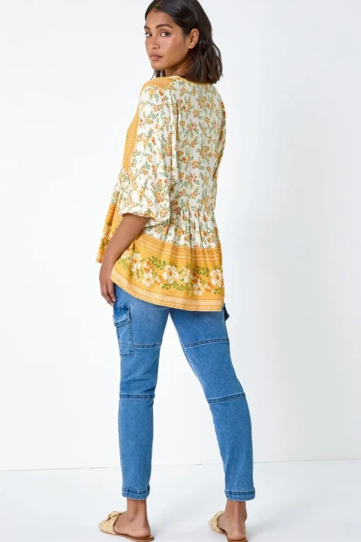Roman Yellow Floral Border Print V-Neck Overshirt